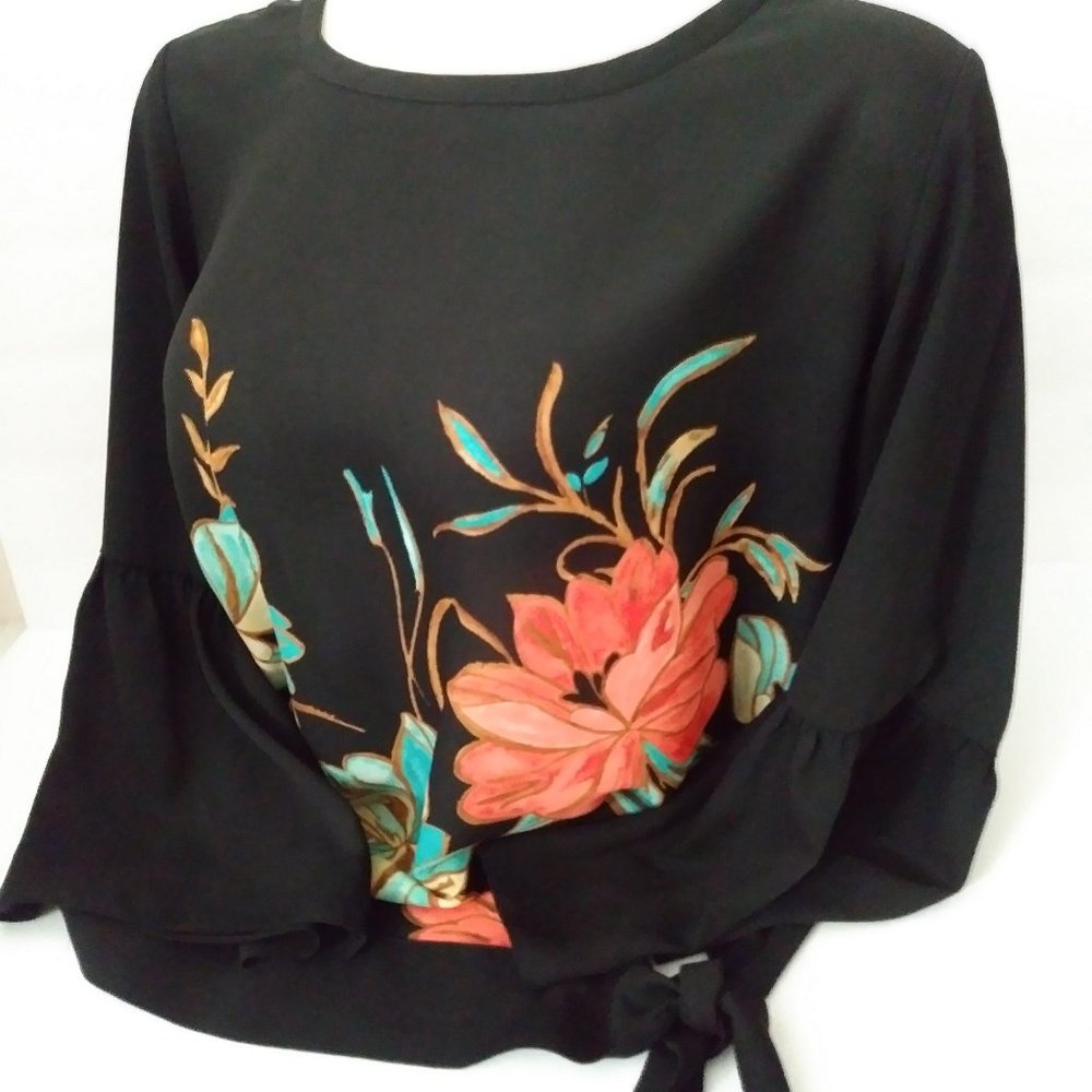 JM Collection Black Floral Blouse 3/4 Sleeve - Picture 12 of 12